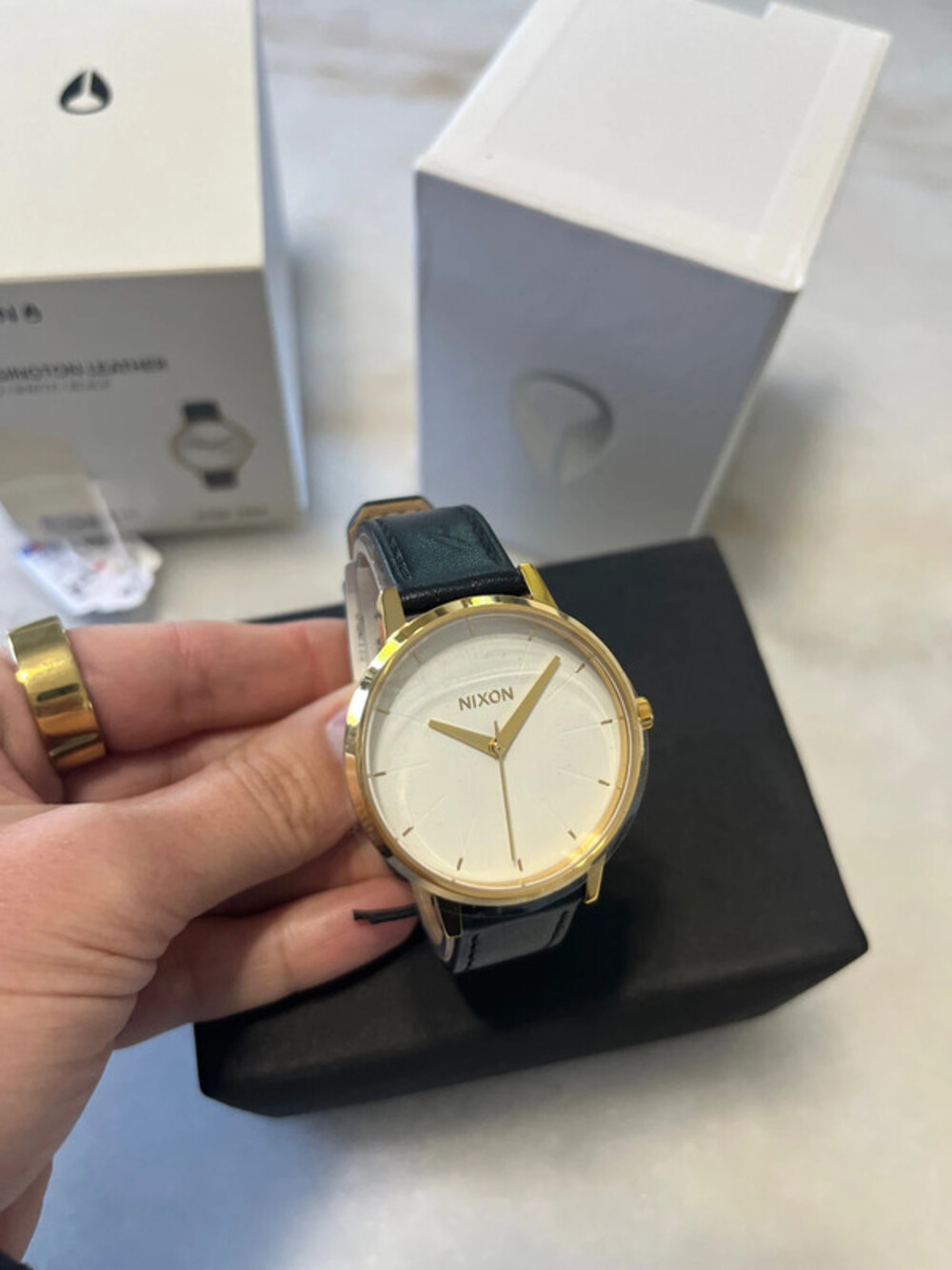 Nixon Kensington Leather Black and Gold Watch $125 retail